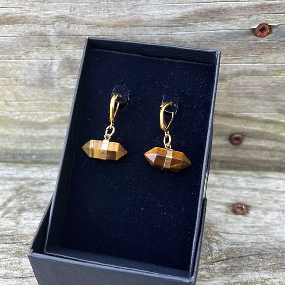 Cats Eye Gold Tone Earrings Earthy Boho - Picture 1 of 4